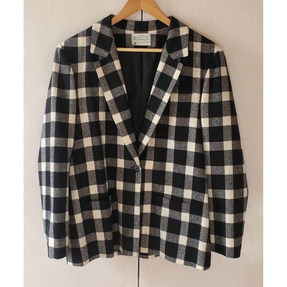 VTG Pendleton 100% Wool Buffalo Check Blazer Women's Fits Size 12 Black & White